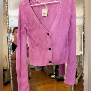 Free People Ribbed V-Neck Button Cardigan in Bright Pink